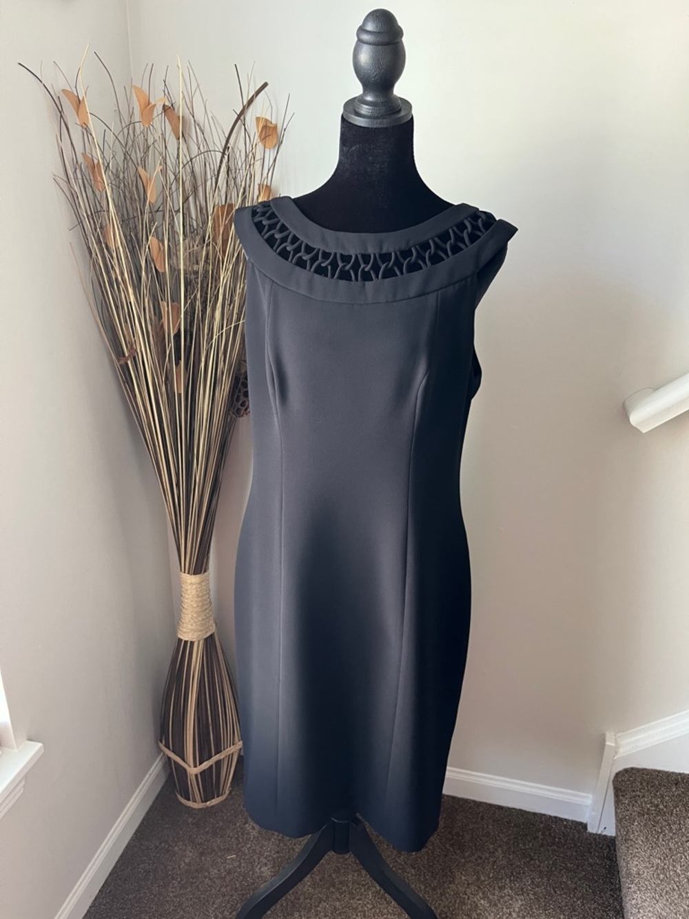 Evan Picone Black Sleeveless Midi Dress with Braided Boat Neck